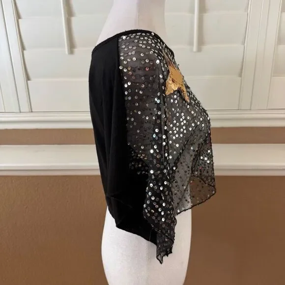 Vintage Y2K Jacked Jill Sequins Overlay Robot Sheer Mesh Cropped Top Rave Sz M - Picture 4 of 8